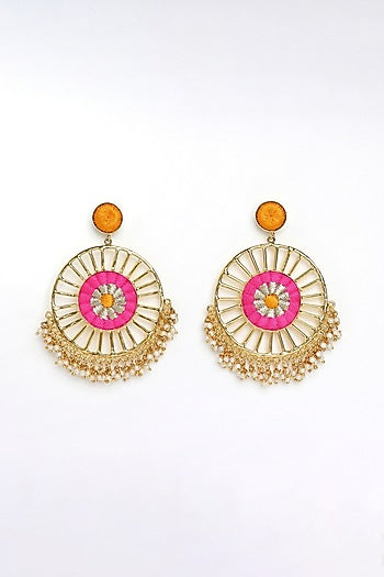 Matte Gold Finish Zari Embroidered & Pearl Circular Dangler Earrings