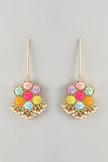 Gold Finish Thread Embroidered & Pearl Embellished Dangler Earrings