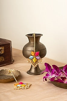 Matte Gold Finish Multi-Colored Embroidered & Pearl Dangler Earrings