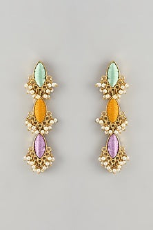 Gold Finish Thread Embroidered & Pearl Embellished Dangler Earrings