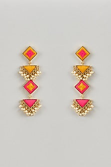 Matte Gold Finish Multi-Colored Embroidered & Pearl Hanging Dangler Earrings