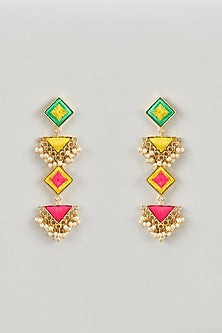 Matte Gold Finish Multi-Colored Embroidered & Pearl Hanging Dangler Earrings