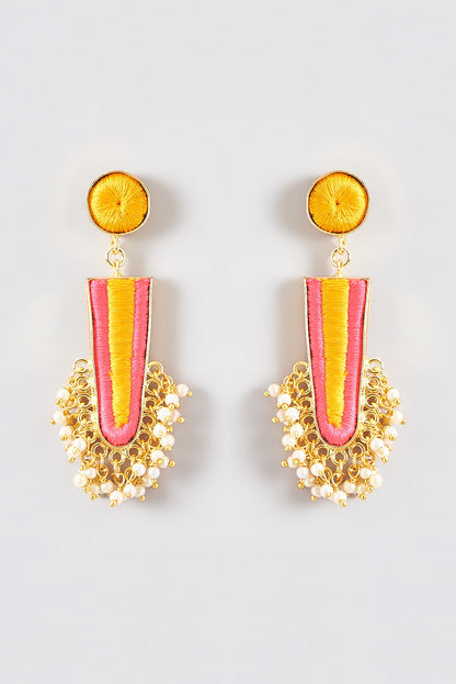 Gold Finish Silk Thread Embroidered Dangler Earrings