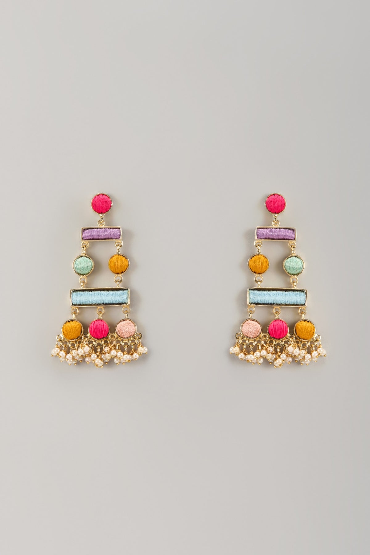 Matte Gold Finish Thread Embroidered Dangler Earrings