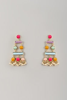 Matte Gold Finish Thread Embroidered Dangler Earrings