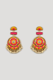 Matte Gold Finish Silk Thread Embroidered & Pearl Chandbali Earrings