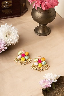 Matte Gold Finish Multi-Colored Embroidered & Pearl Stud Earrings