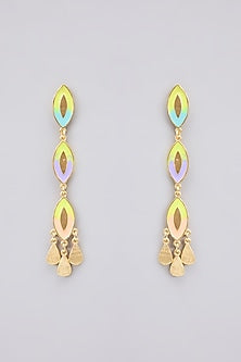 Gold Plated Pearl Embellished Multi-Colored Enameled Dangler Earrings