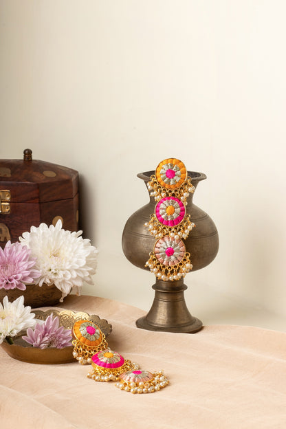 Matte Gold Finish Multi-Colored Zari Embroidered & Pearl Tiered Dangler Earrings