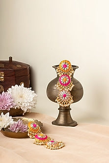 Matte Gold Finish Multi-Colored Zari Embroidered & Pearl Tiered Dangler Earrings