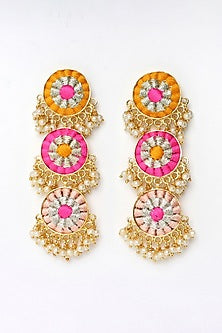 Matte Gold Finish Multi-Colored Zari Embroidered & Pearl Tiered Dangler Earrings