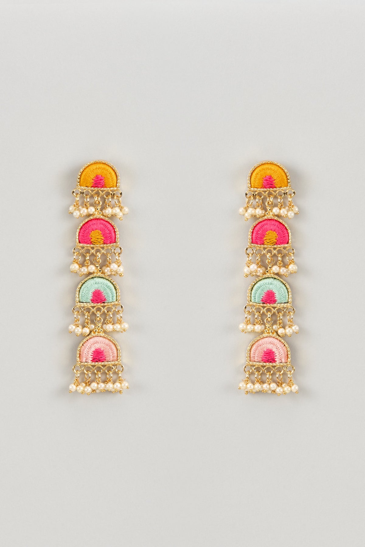 Matte Gold Finish Multi-Colored Embroidered & Pearl Hanging Semi-Circular Dangler Earrings