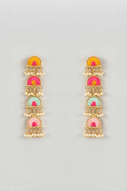 Matte Gold Finish Multi-Colored Embroidered & Pearl Hanging Semi-Circular Dangler Earrings