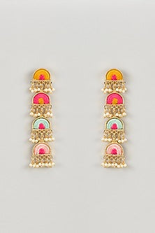 Matte Gold Finish Multi-Colored Embroidered & Pearl Hanging Semi-Circular Dangler Earrings