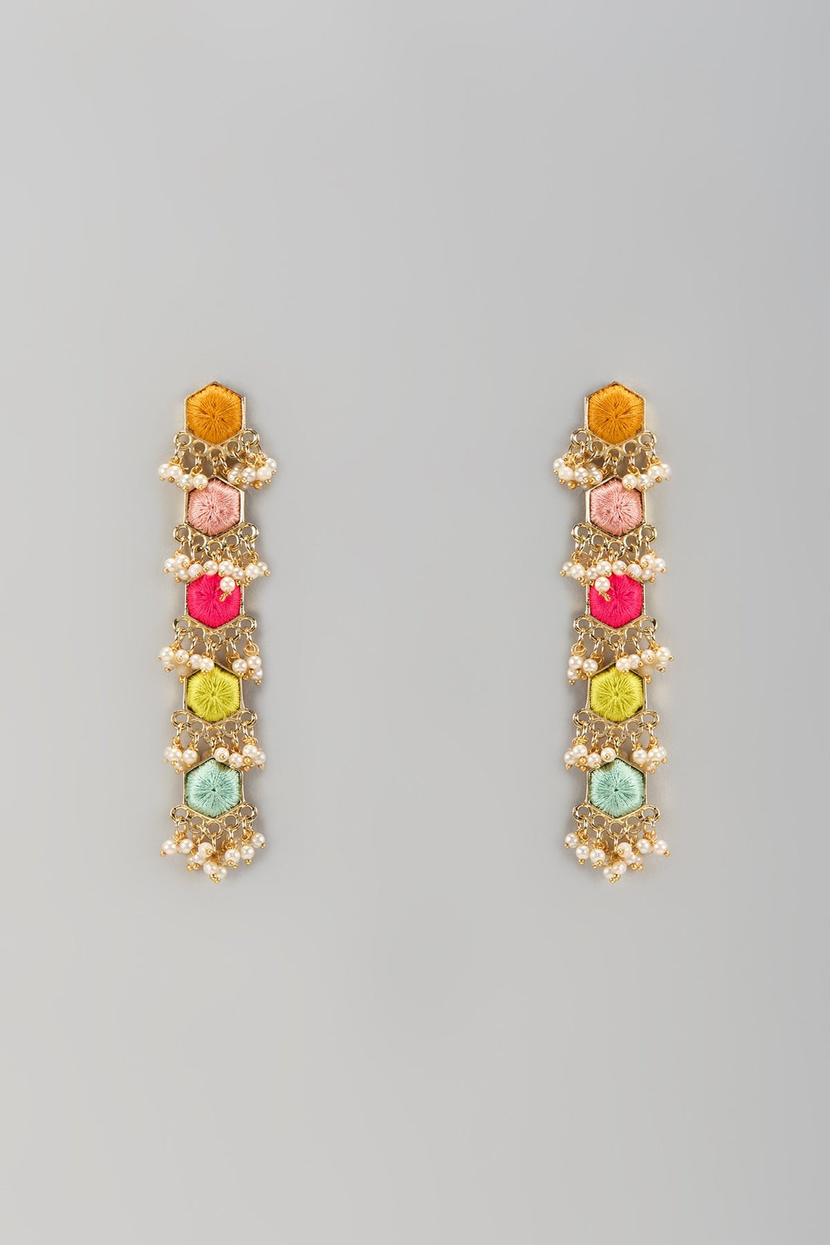 Matte Gold Finish Embroidered & Pearl Hanging Dangler Earrings