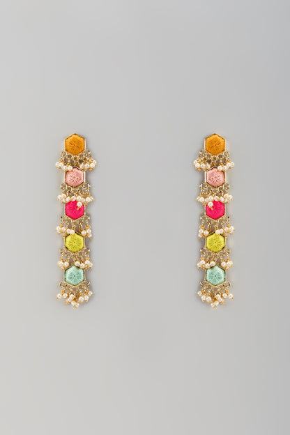 Matte Gold Finish Embroidered & Pearl Hanging Dangler Earrings