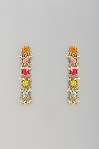 Matte Gold Finish Embroidered & Pearl Hanging Dangler Earrings