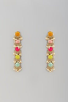 Matte Gold Finish Embroidered & Pearl Hanging Dangler Earrings