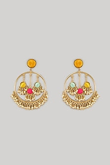 Gold Plated Multi-Colored Enameled Halo Dangler Earrings
