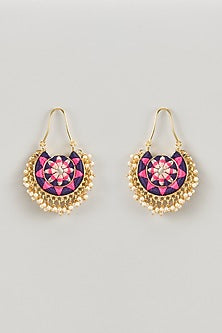 Matte Gold Finish Multi-Colored Zari Embroidered & Pearl Chandbali Earrings