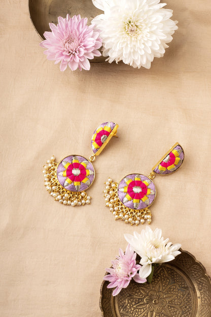 Matte Gold Finish Zari Embroidered & Pearl Tiered Crescent Dangler Earrings