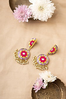 Matte Gold Finish Zari Embroidered & Pearl Tiered Crescent Dangler Earrings