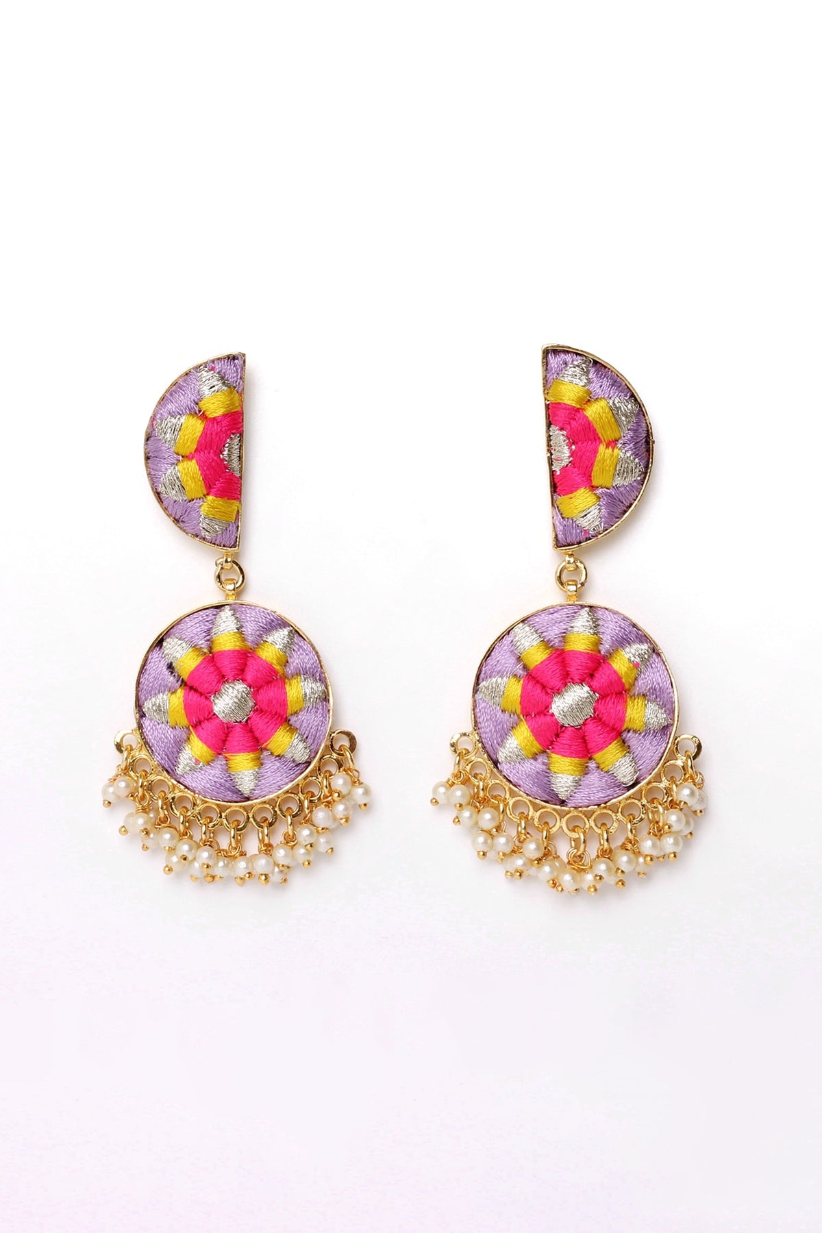 Matte Gold Finish Zari Embroidered & Pearl Tiered Crescent Dangler Earrings