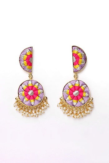 Matte Gold Finish Zari Embroidered & Pearl Tiered Crescent Dangler Earrings