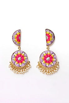 Matte Gold Finish Zari Embroidered & Pearl Tiered Crescent Dangler Earrings