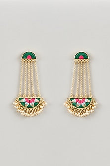 Matte Gold Finish Silk Thread & Pearl Embellished Semi-Circular Dangler Earrings