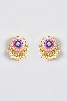 Gold Finish Silk Thread Embroidered Circle Stud Earrings