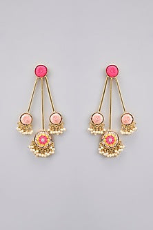 Gold Plated Hot Pink & Yellow Silk Thread Embellished Dangler Earrings