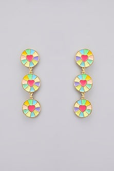 Gold Plated Pearl Embellished Multi-Colored Enameled Dangler Earrings