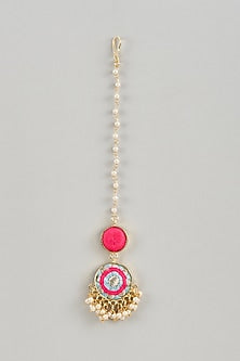 Matte Gold Finish Multi-Colored Embroidered & Pearl Maangtikka