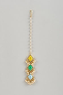 Matte Gold Finish Multi-Colored Embroidered & Pearl Layered Rhombus Maangtikka