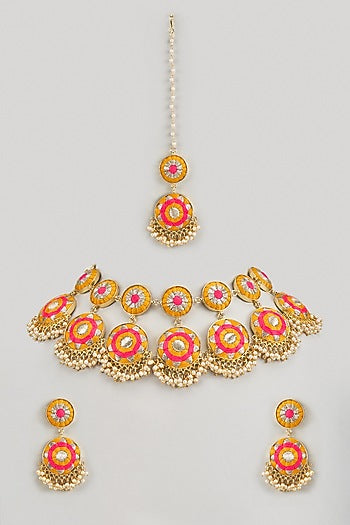 Matte Gold Finish Yellow & Hot Pink Embroidered Layered Necklace Set