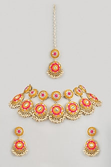 Matte Gold Finish Yellow & Hot Pink Embroidered Layered Necklace Set