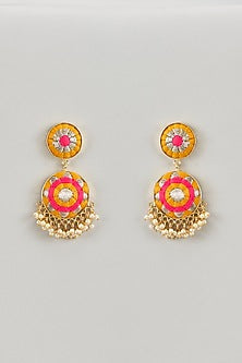 Matte Gold Finish Yellow & Hot Pink Embroidered Layered Necklace Set