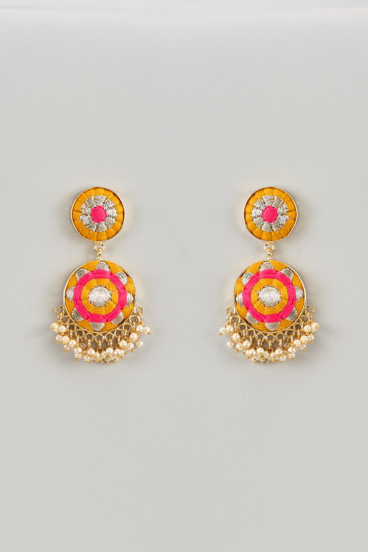 Matte Gold Finish Yellow & Hot Pink Embroidered Layered Necklace Set