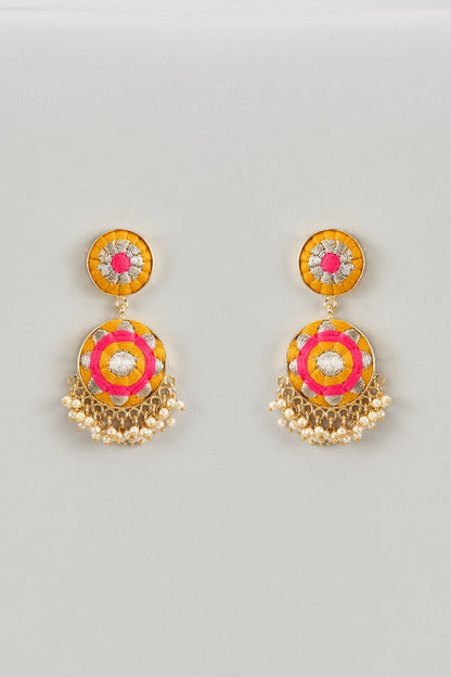Matte Gold Finish Yellow & Hot Pink Embroidered Layered Necklace Set