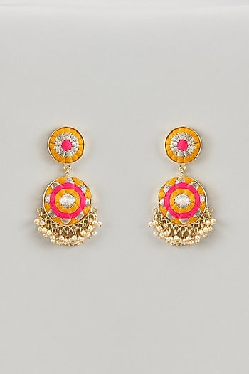 Matte Gold Finish Yellow & Hot Pink Embroidered Layered Necklace Set