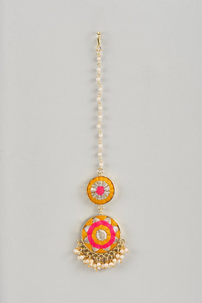Matte Gold Finish Yellow & Hot Pink Embroidered Layered Necklace Set
