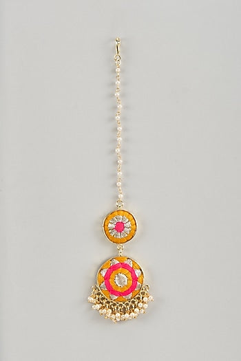Matte Gold Finish Yellow & Hot Pink Embroidered Layered Necklace Set