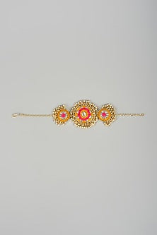 Matte Gold Finish Yellow & Hot Pink Embroidered Layered Necklace Set