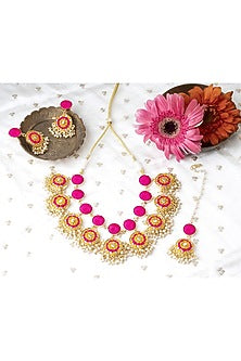 Matte Gold Finish Yellow & Pink Zari Silk Embroidered Layered Necklace Set