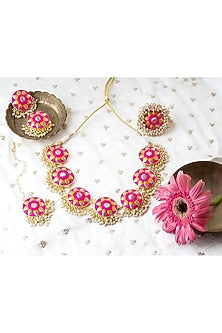 Matte Gold Finish Pink & Mustard Yellow Zari Silk Embroidered Layered Necklace Set