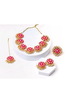 Matte Gold Finish Pink & Mustard Yellow Zari Silk Embroidered Layered Necklace Set