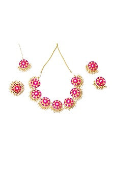 Matte Gold Finish Pink & Mustard Yellow Zari Silk Embroidered Layered Necklace Set