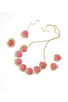 Matte Gold Finish Pink & Mustard Yellow Zari Silk Embroidered Layered Necklace Set