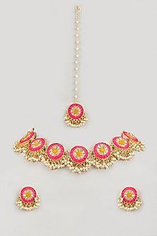 Matte Gold Finish Yellow & Hot Pink Embroidered Necklace Set